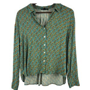 Jane + Delancey Cheetah Novelty Print Button Down Shirt M Teal Relaxed Fit‎